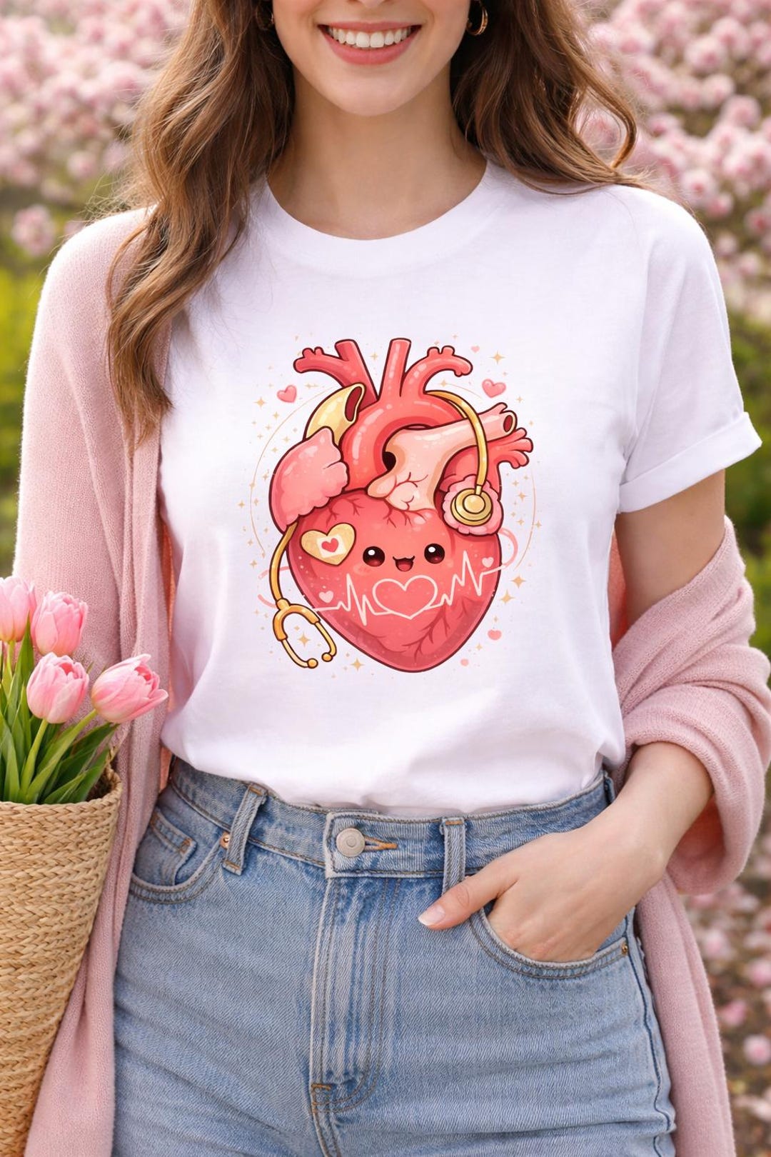 Cute Anatomical Heart Illustration Tee | Stethoscope, Hearts, Kawaii ...
