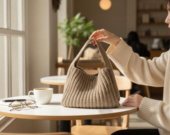 Knitted Crochet Hobo Bag, Soft Slouchy Tote, Korean Style Shoulder Purse
