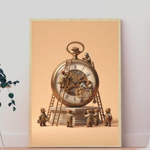 Tiny Bear Workers on Giant Pocket Watch, Photorealistic 3D Art, Watch Collector Gift, Wall Art Print