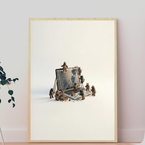 Tiny Bear Workers on Giant Laptop, Photorealistic 3D Art, Programmer Gift Wall Decor, Art Print