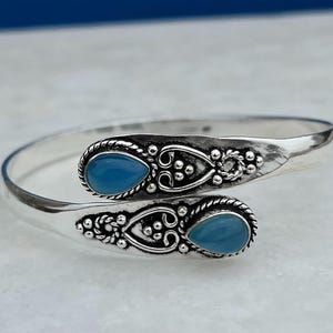 Sterling Silver Chalcedony Bangle, Pear Gemstone Bezel Setting, Boho Women's Jewelry