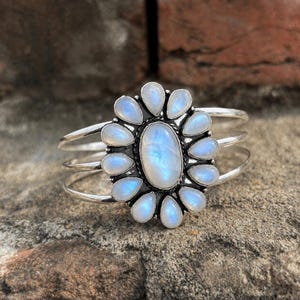 Natural Rainbow Moonstone Cuff Bracelet, 925 Sterling Silver Moonstone Cuff, Boho Statement Bracelet, Handmade Gemstone Jewelry,Gift for Her