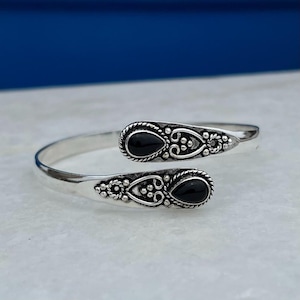 Handcrafted Black Onyx Pear Bezel Bangle, 925 Sterling Silver Adjustable Gemstone Jewelry