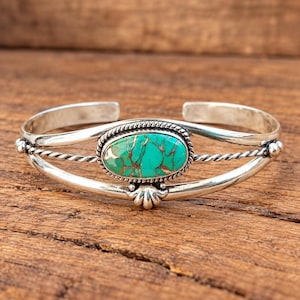 Green Copper Turquoise Bangle, 925 Sterling Silver Bangle, Adjustable Bangle, Handmade Bangle, Turquoise Jewelry, Gemstone Bangle, Gift Her