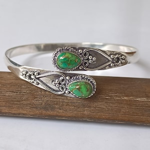 Green Copper Turquoise Bangle, 925 Sterling Silver Cuff Bracelet, Handmade Boho Bangle Gemstone Bracelet Artisan Jewelry Adjustable Bracelet