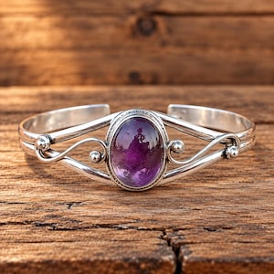 Amethyst Bangle, 925 Sterling Silver Bangle, Handmade Bangle, Adjustable Bangle, Gemstone Bangle, Statement Bangle, Dainty Bangle, Gift Her