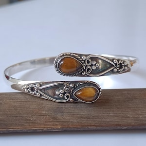 Tiger Eye Cuff Bangle, 925 Sterling Silver Bangle, Handmade Open Band Bangle Boho Statement Bangle Gemstone Jewelry Adjustable Silver Bangle
