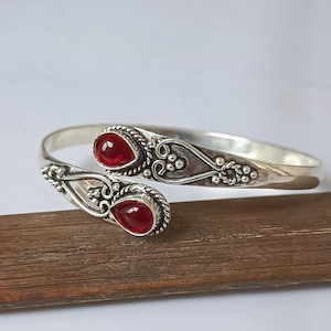 Pink Tourmaline Sterling Silver Cuff Bracelet, Handmade Open Bangle, Teardrop Gemstone Bracelet, Adjustable Boho Jewelry, Gift for Her