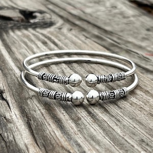 Set of Two Sterling Silver Ball Bangles, Boho Style Handmade Jewelry