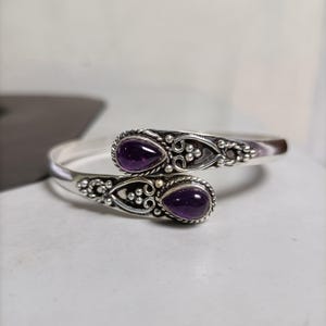 Handmade Amethyst Sterling Silver Cuff Bangle, Boho Gemstone Jewelry