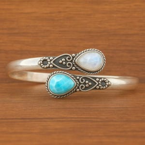 Larimar & Moonstone Bangle, 925 Silver Bangle, Handmade bangle, Women Bangle, Dainty Bangle, Gemstone Bangle