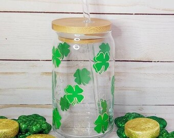 St. Patrick's Day Shamrock Can Glass, Luck of the Irish Clover Cup, St. Patty's Day Glass, Shamrock Party Favor, Four Leaf Clover Cup