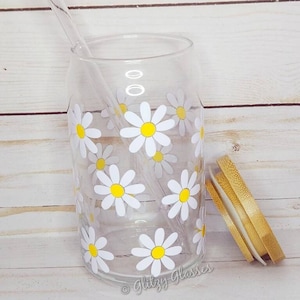 White Daisy Glass Can Cup, Daisy Iced Coffee Glass Spring Cup, Retro Flower,  Boho Daisy Cup, Daisy Gifts, Flower Coffee Glass, Beer Can Cup