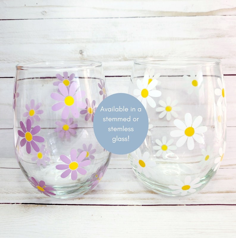 Cute Daisy Wine Glass, Floral Glass, Trendy Pastel Glassware, Summer Drinkware, Bridesmaid Wine Glass, Boho Glass Cup , Summer Wine Glass image 1