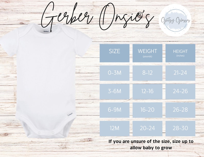 Peut inclure: Un body Gerber blanc avec un tableau des tailles. Le tableau indique les tailles 0-3M, 3-6M, 6-9M et 12M, avec les mesures de poids en livres et de taille en pouces. Le texte "Gerber Onesies" est en haut.