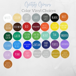 K&ouml;nnte beinhalten: Eine Farbkarte von Glitzty Glasses mit einer Vielzahl von Vinyl-Farboptionen. Die Karte enth&auml;lt eine Reihe von Farben wie Wei&szlig;, Creme, Grau, Schwarz, Rot und Pink. Der Text "Color Vinyl Choices" wird oben angezeigt.