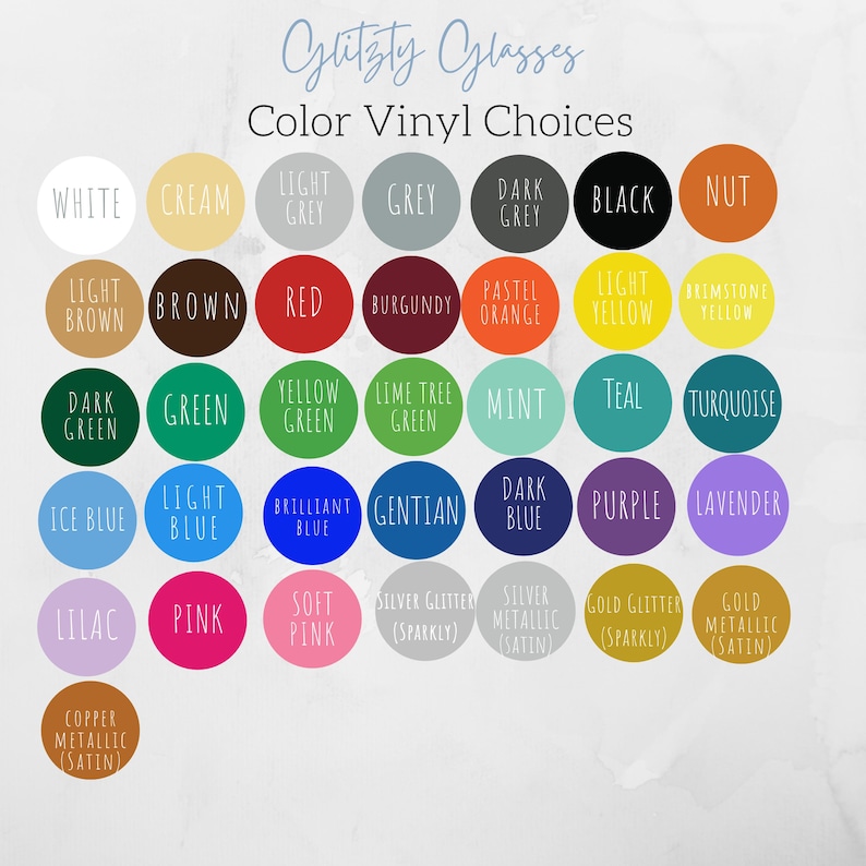 K&ouml;nnte beinhalten: Eine Farbkarte von Glitzty Glasses mit einer Vielzahl von Vinyl-Farboptionen. Die Karte enth&auml;lt eine Reihe von Farben wie Wei&szlig;, Creme, Grau, Schwarz, Rot und Pink. Der Text "Color Vinyl Choices" wird oben angezeigt.