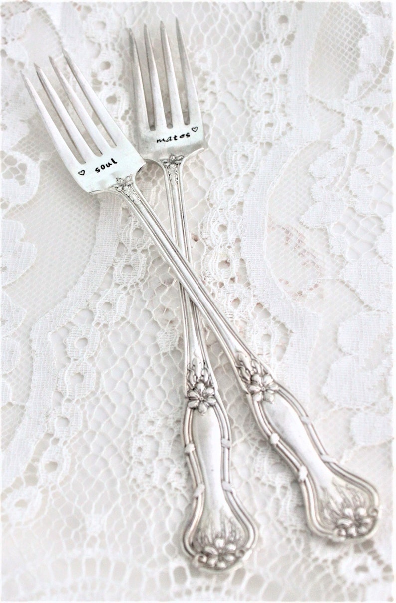 Antique Wedding Forks Cake Table Setting ~ soul mates ~ Shabby Chic Wedding Decor ~ Hand Stamped /& Ready To Ship ~ PARAGON 1900