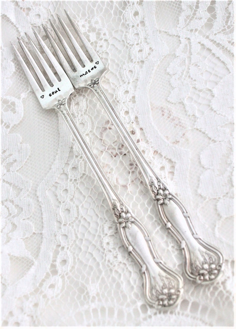 Antique Wedding Forks Cake Table Setting ~ soul mates ~ Shabby Chic Wedding Decor ~ Hand Stamped /& Ready To Ship ~ PARAGON 1900