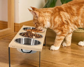 ELEVATED CAT BOWLS - Geneigter erhöhter Futterspender, 3 Edelstahlschalen, Haustierfütterungs-Bewässerungsstand