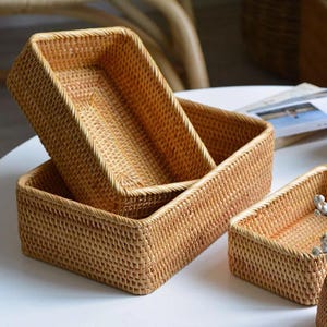 WICKER STORAGE BASKET - Handwoven Rattan Tray, Rectangular Organizer Box, Boho Fruit Bread Basket