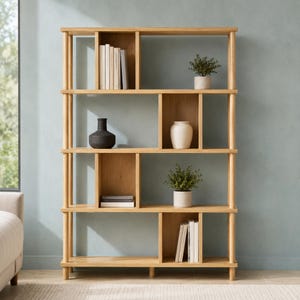 May include: A tall, light-toned wooden bookcase featuring an asymmetrical design with five horizontal shelves and vertical dividers. The unit holds several books, two small potted green plants, a black vase, and a white ceramic vase.