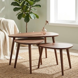 Handmade Set of 3 Nesting Coffee Tables, Walnut Wood Side Tables, Mid Century Triangle Accent Table, Scandi Space Saving Living Room