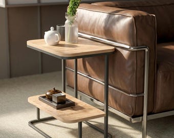 2 Tier Side Table, Modern End Table, Wood Look Accent Table, Metal Frame Sofa Side Table, Small Space Living Room Furniture