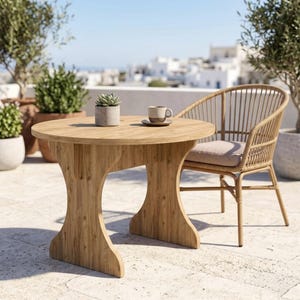 Peut inclure: Une table ronde en bois avec un pied central et une chaise assortie au dossier incurvé, dotée d'un coussin d'assise beige clair. Sur la table se trouvent un petit pot de succulente gris et une tasse à café bicolore sur sa soucoupe.