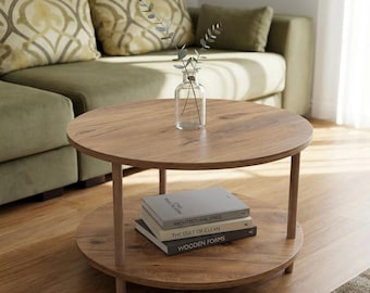 Round Coffee Table with Shelf, 2 Tier Wood Coffee Table, Oak Leg Living Room Tables, Modern Center Table for Small Spaces