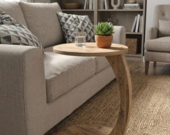 Rolling C Table, Wooden C Shaped Side Table, Sofa Side Table with Wheels, Small Space End Table, Particle Board Laptop Table