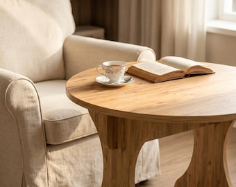 Ronde salontafel, tafel in houtlook, kleine woonkamertafel, moderne accenttafel, ruimtebesparende salontafels voor thuis
