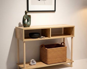 Scandinavian Console Shelf, Narrow Entryway Storage Table, Wood Look Organizer with Open Cubes and Lower Shelf