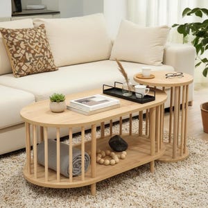 2 Piece Coffee Table Set, Oval Coffee Table and Round Side Table, Slatted Wood Living Room Tables, Japandi Sofa Table Set