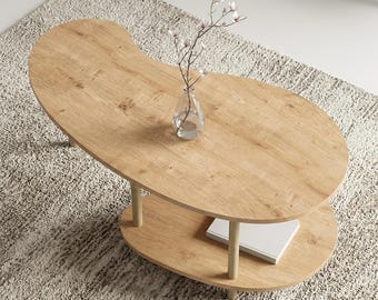 Table basse en forme de haricot faite main, table centrale à 2 niveaux aspect bois biologique, table de salon aux bords arrondis pour les petits espaces