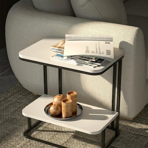 2 Tier White Side Table, Modern Sofa End Table with Lower Shelf, Metal Frame Accent Table for Small Living Room