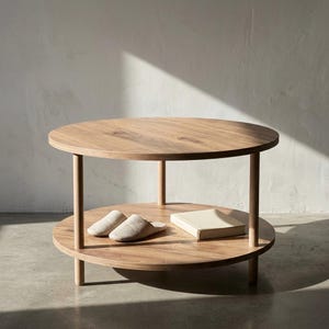May include: A round wooden coffee table featuring two tiers with a natural light brown wood grain finish. The table is supported by four cylindrical legs. On the lower shelf, there is a pair of beige fabric slippers and a closed rectangular book.