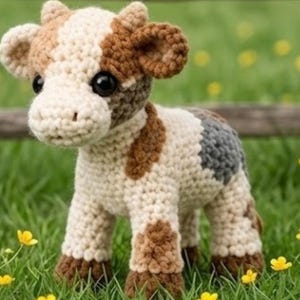 May include: A small, handmade crochet cow toy featuring a cream-colored body with brown and grey patches. The stuffed animal has two small horns, rounded ears, and large, round, black plastic eyes, standing on four short legs with brown hooves.