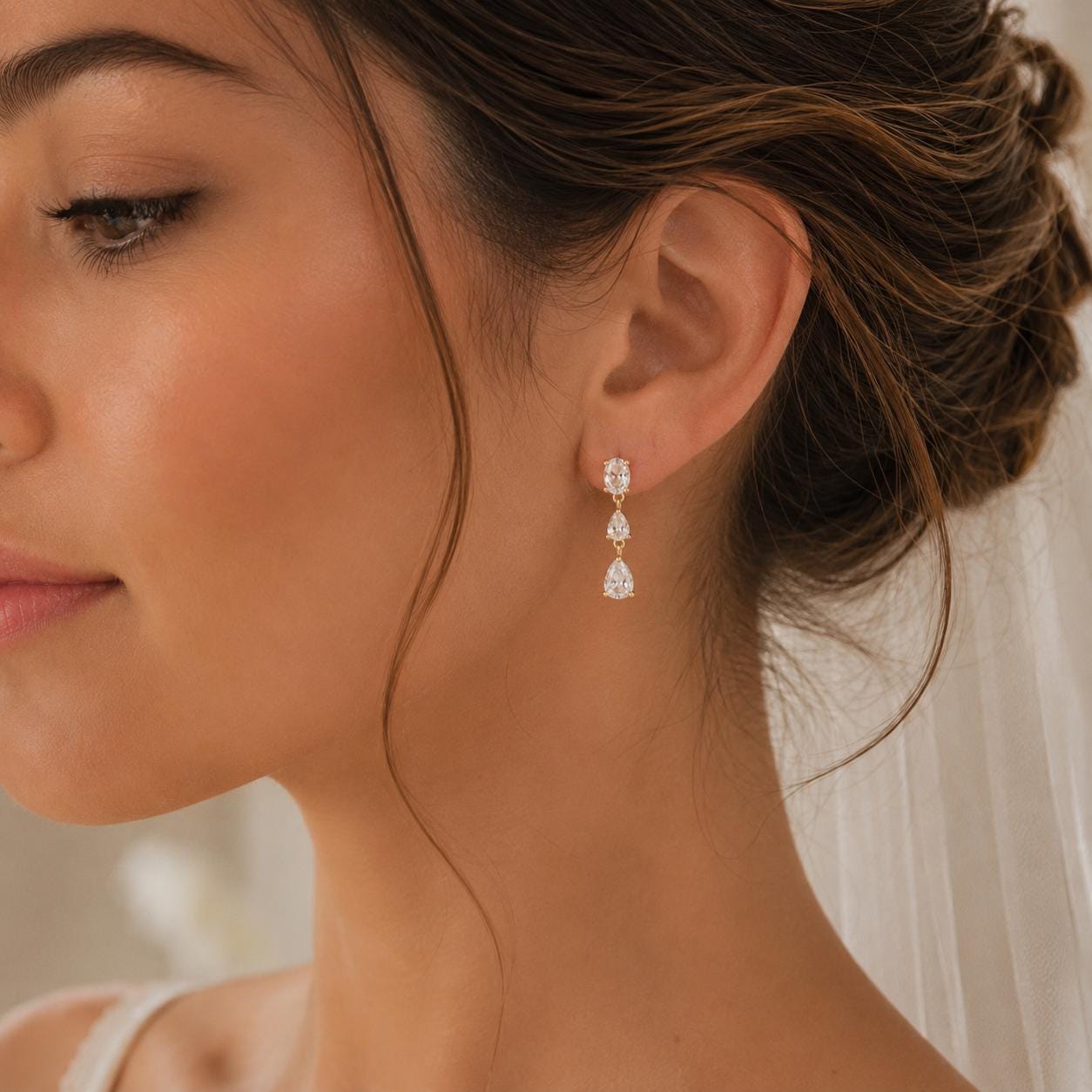 Sterling Silver Bridal Earrings, Gold Teardrop Earrings, Triple Crystal Drop Earrings, Wedding Earrings, Bridesmaid Gift, Bridal Jewelry