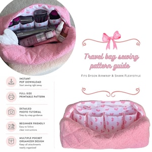 May include: A pink quilted travel bag sewing pattern guide for Dyson Airwrap and Shark FlexStyle. The bag features a white interior lining with a pink bow pattern and multiple internal pockets for organizing hair styling tools and accessories.