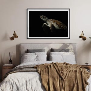 May include: A rectangular wall art print featuring a sea turtle swimming against a solid black background, encased in a thin black frame. The turtle displays detailed brown and tan shell patterns with visible flippers, captured in a side profile view.