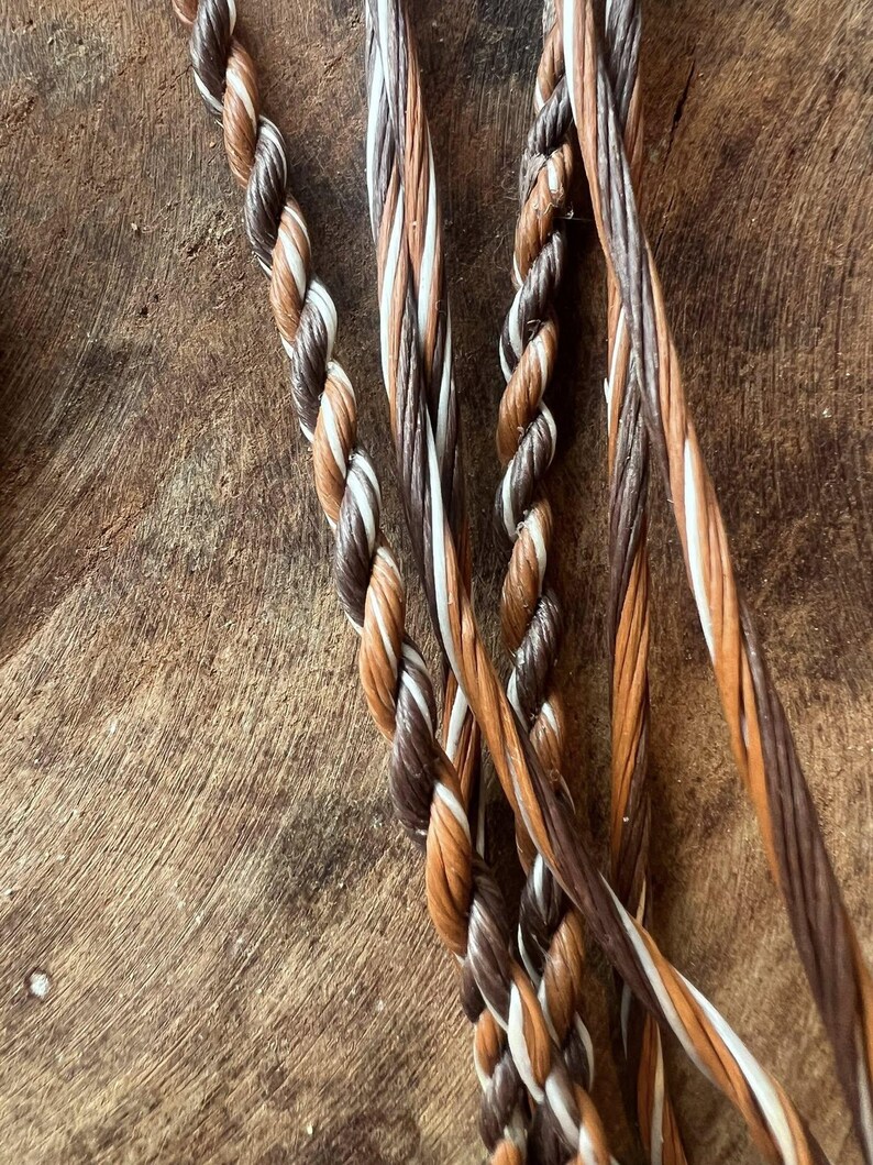 May include: Close-up of several strands of braided cord in shades of brown, white, and tan. The cords are tightly twisted together, creating a textured appearance. The background is a wooden surface.
