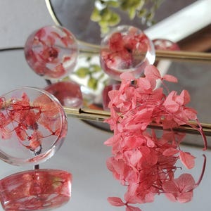 May include: Three circular resin knobs featuring embedded dried pink hydrangea petals. The clear, polished resin discs showcase the delicate floral structure within. Each knob is mounted on a metal base, reflecting the vibrant pink blossoms.