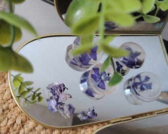 Set of 4 Purple Flower Resin Drawer Knobs | Botanical Cabinet Handles | Cottagecore Dresser Hardware