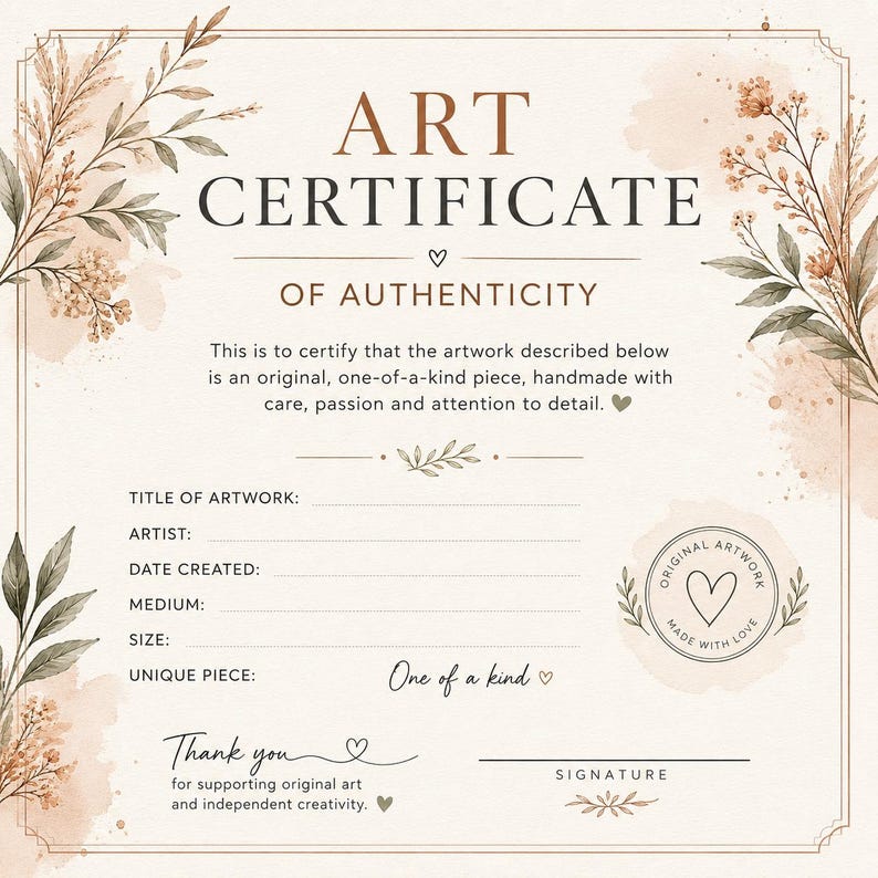 May include: An art certificate of authenticity template on cream paper with brown text and watercolour floral illustrations in the corners. It includes fields for title, artist, date, medium, and size, plus a signature line and a circular seal.
