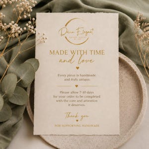 May include: A rectangular off-white card with deckled edges featuring gold foil text that reads: Drinn Elegant, MADE WITH TIME and love, Every piece is handmade and truly unique, Please allow 7-10 days for your order to be completed.