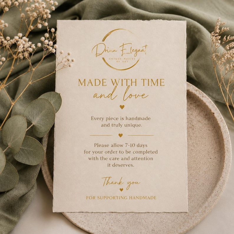May include: A rectangular off-white card with deckled edges featuring gold foil text that reads: Drinn Elegant, MADE WITH TIME and love, Every piece is handmade and truly unique, Please allow 7-10 days for your order to be completed.