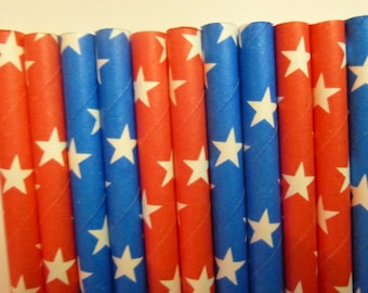 50 Red and Blue With White Star- Patriotic Party Paper Straws- Red, White and Blue Stars-Memorial Day, Fourth of July Party