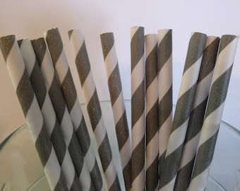 25 Light Grey Strip Paper Straws-  Food Safe, Biodegradeable, Soy Based Ink- Baby Shower Decorations