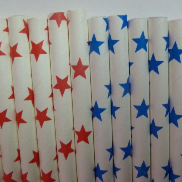 50 Red and Blue Star Straws- Patriotic Party Paper Straw- Red, White and Blue Stars-Memorial Day, Fourth of July Party